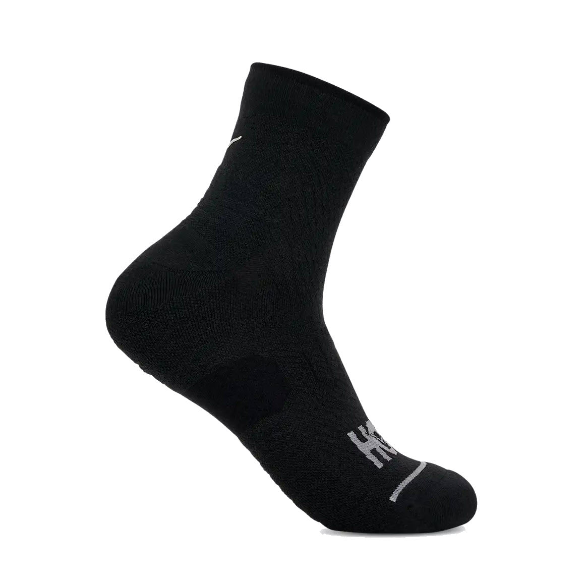 A single black athletic sock is displayed on an angle, showing a white logo on the toe and a small white swoosh near the top. The sock has ribbed and textured patterns for support.