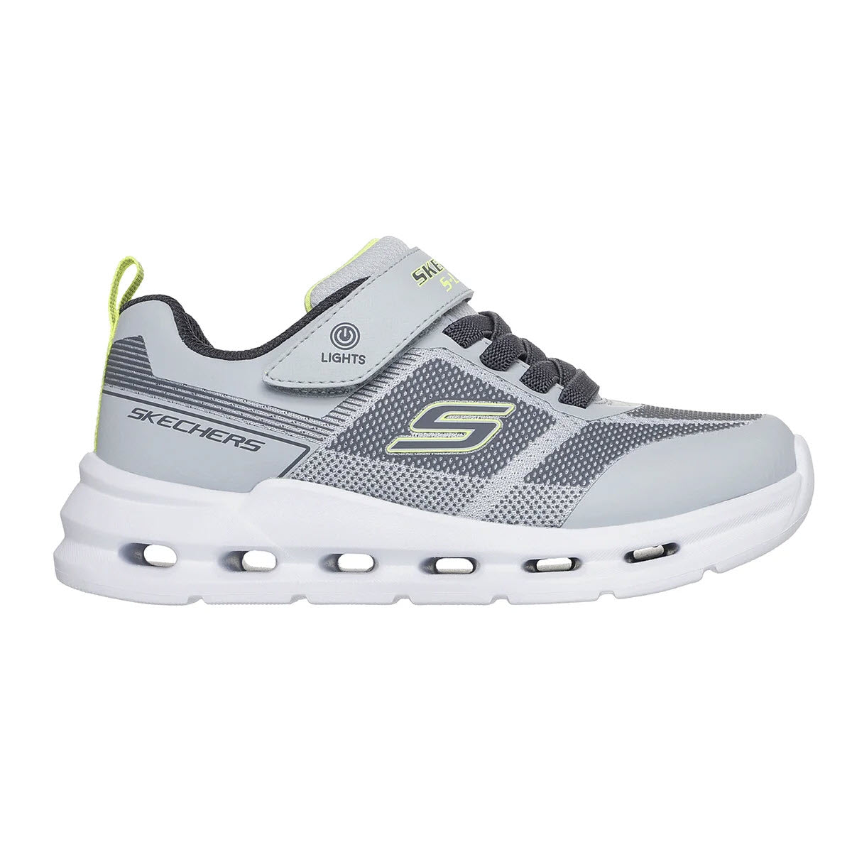 SKECHERS GLIDE STEP LIGHTS GRAY LIME - KIDS