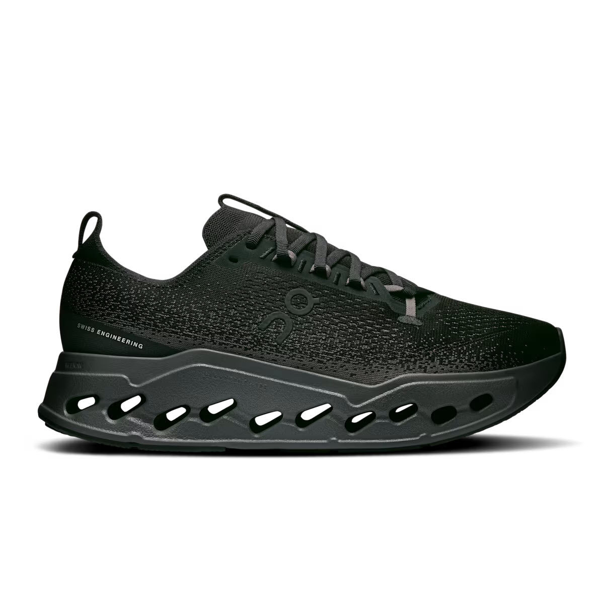 A black athletic running shoe with a sleek design, featuring a textured knit upper and a distinctive sole with oval-shaped cutouts along the midsole.