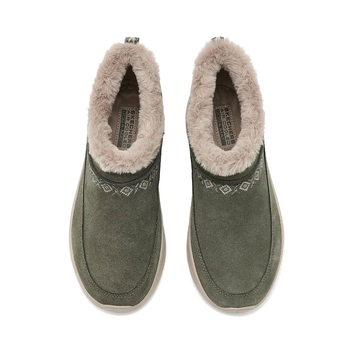 SKECHERS ON THE GO ENCORE EMBROIDERED FAUX FUR BOOTIE OLIVE - WOMENS