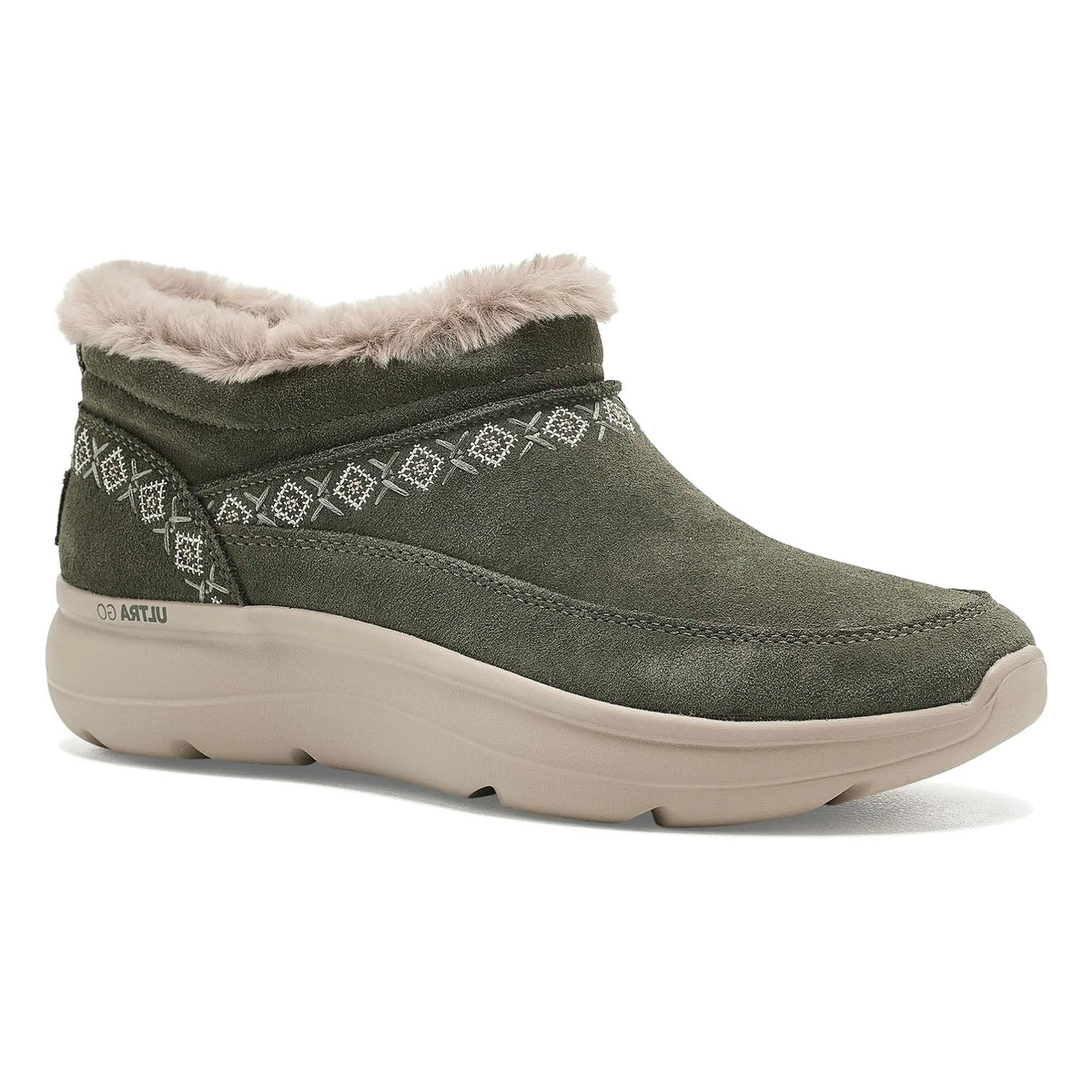 SKECHERS ON THE GO ENCORE EMBROIDERED FAUX FUR BOOTIE OLIVE - WOMENS