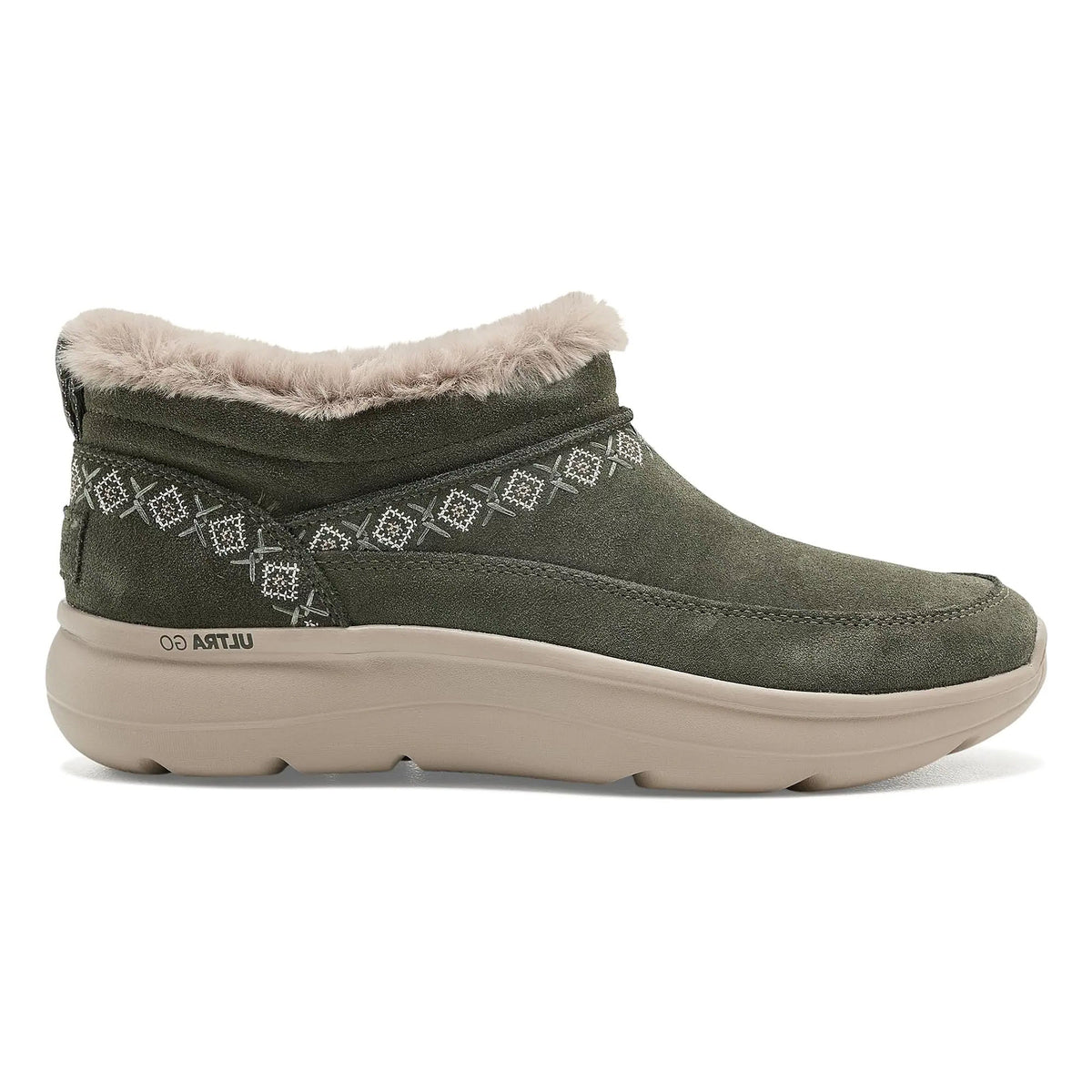 SKECHERS ON THE GO ENCORE EMBROIDERED FAUX FUR BOOTIE OLIVE - WOMENS