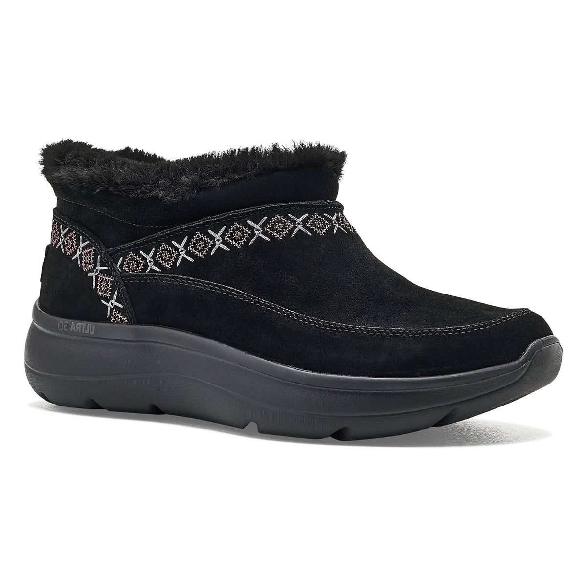 SKECHERS ON THE GO ENCORE EMBROIDERED FAUX FUR BOOTIE BLACK - WOMENS