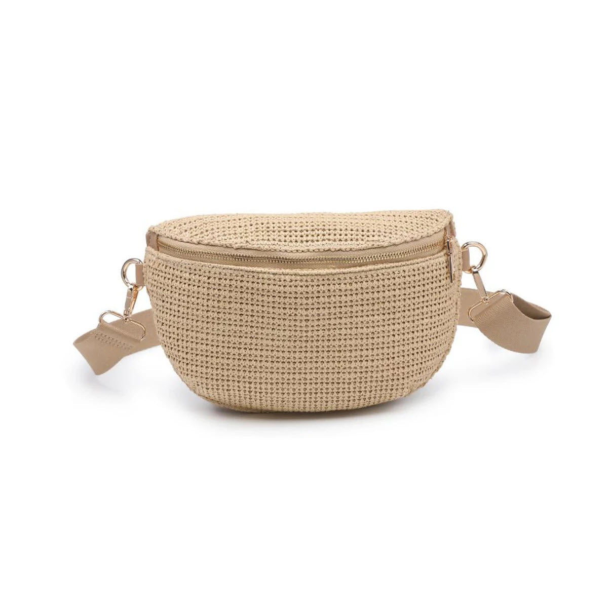 A beige woven fanny pack with a zippered top and detachable strap, displayed on a white background.