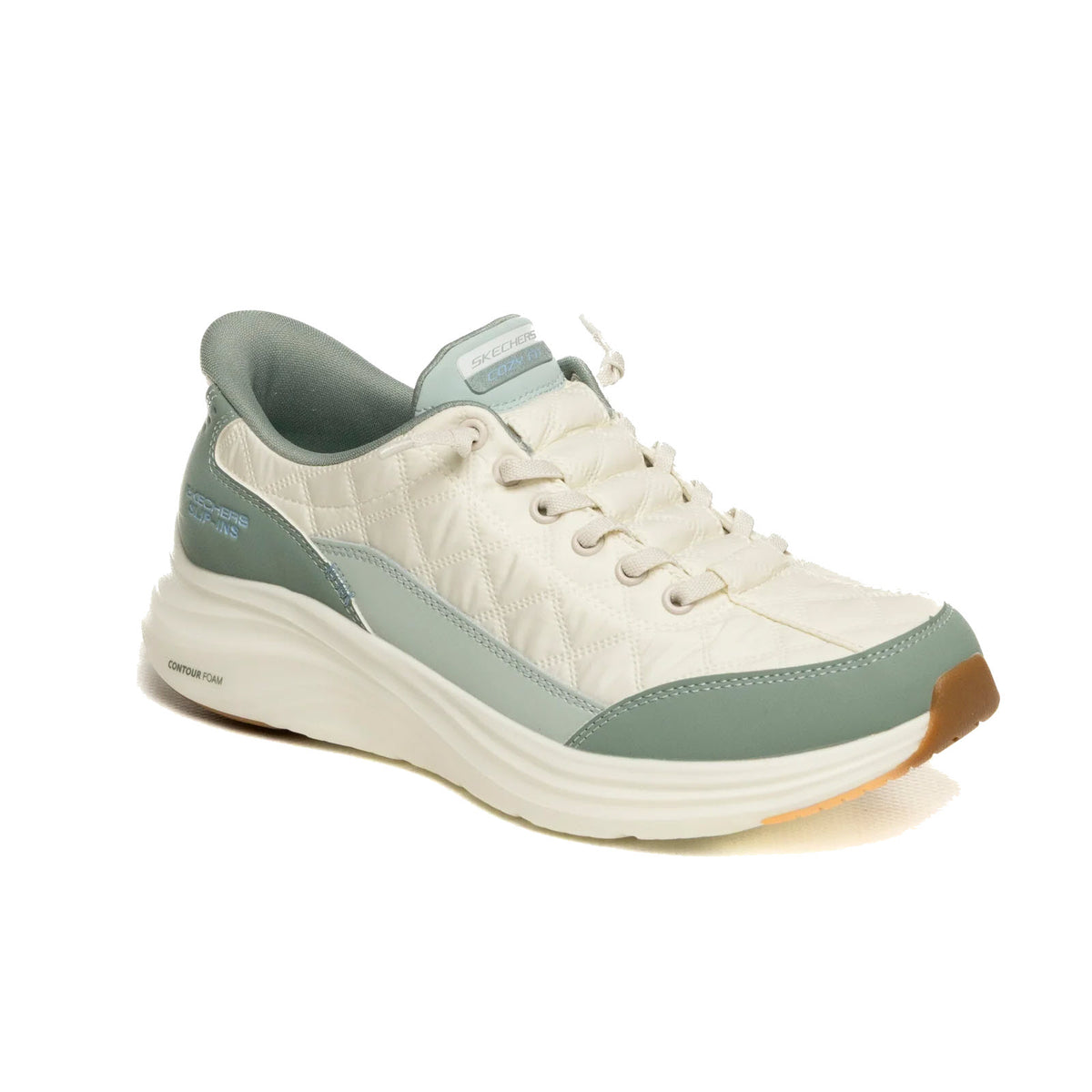 SKECHERS CONTOUR FOAM COZY FIT KNOTTED BUNGEE SLIP IN SAGE - WOMENS