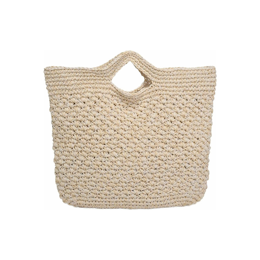 A beige, woven straw tote bag with a textured pattern and a handle integrated into the top edge, displayed against a white background.
