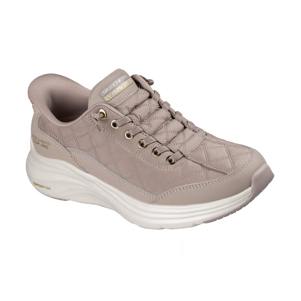 SKECHERS CONTOUR FOAM COZY FIT KNOTTED BUNGEE SLIP IN SOLID TAUPE - WOMENS