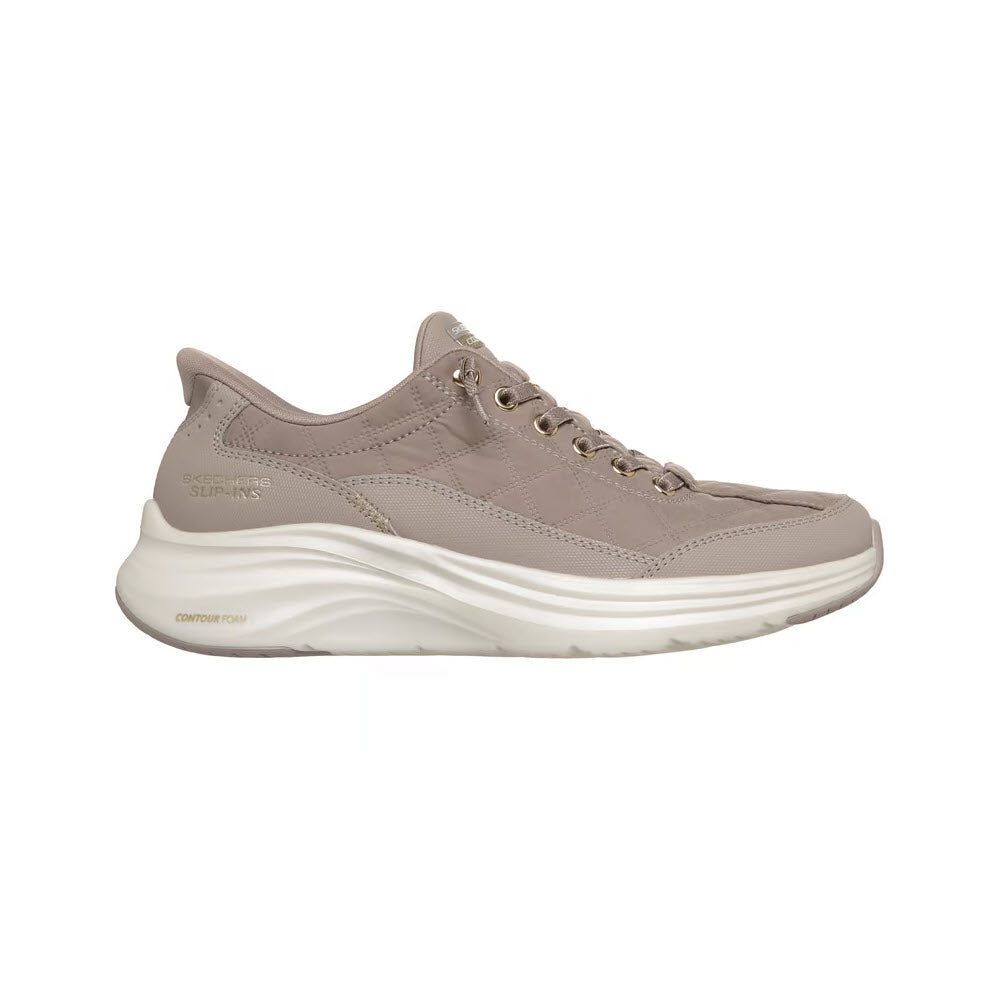 SKECHERS CONTOUR FOAM COZY FIT KNOTTED BUNGEE SLIP IN SOLID TAUPE - WOMENS