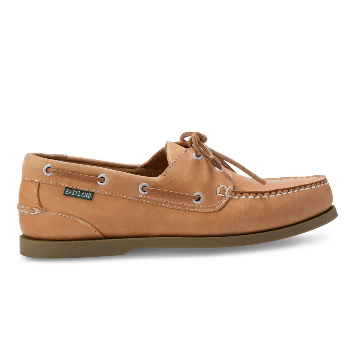A tan leather boat shoe with white stitching, side lace details, metal eyelets, a lace-up front, and a flat brown rubber sole. The Eastland brand tag is visible on the side.