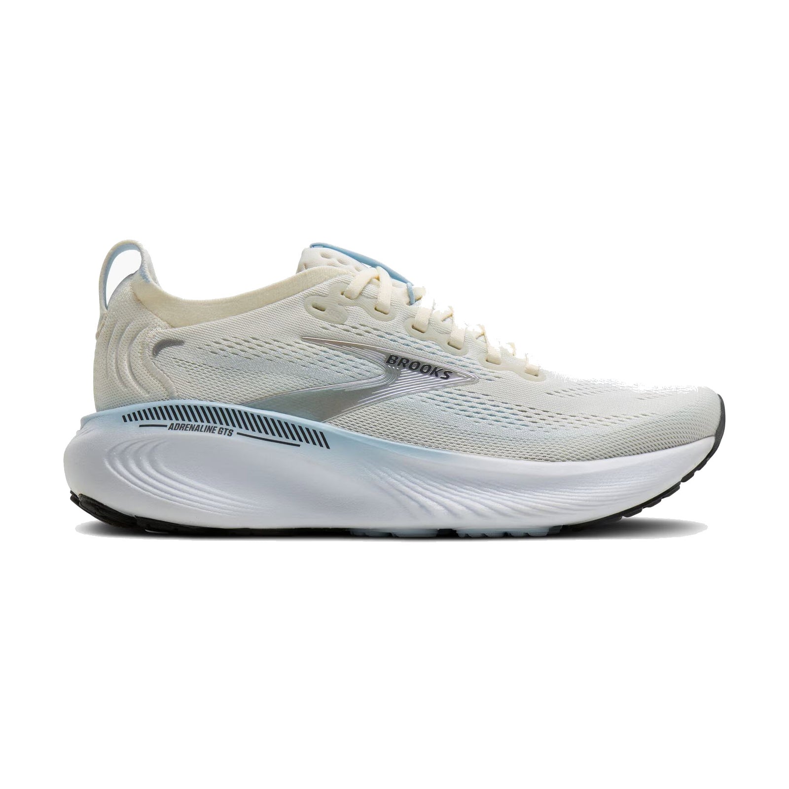 A side view of a white athletic running shoe with light blue and gray accents, featuring a thick cushioned sole, mesh upper, and the Brooks logo on the side.