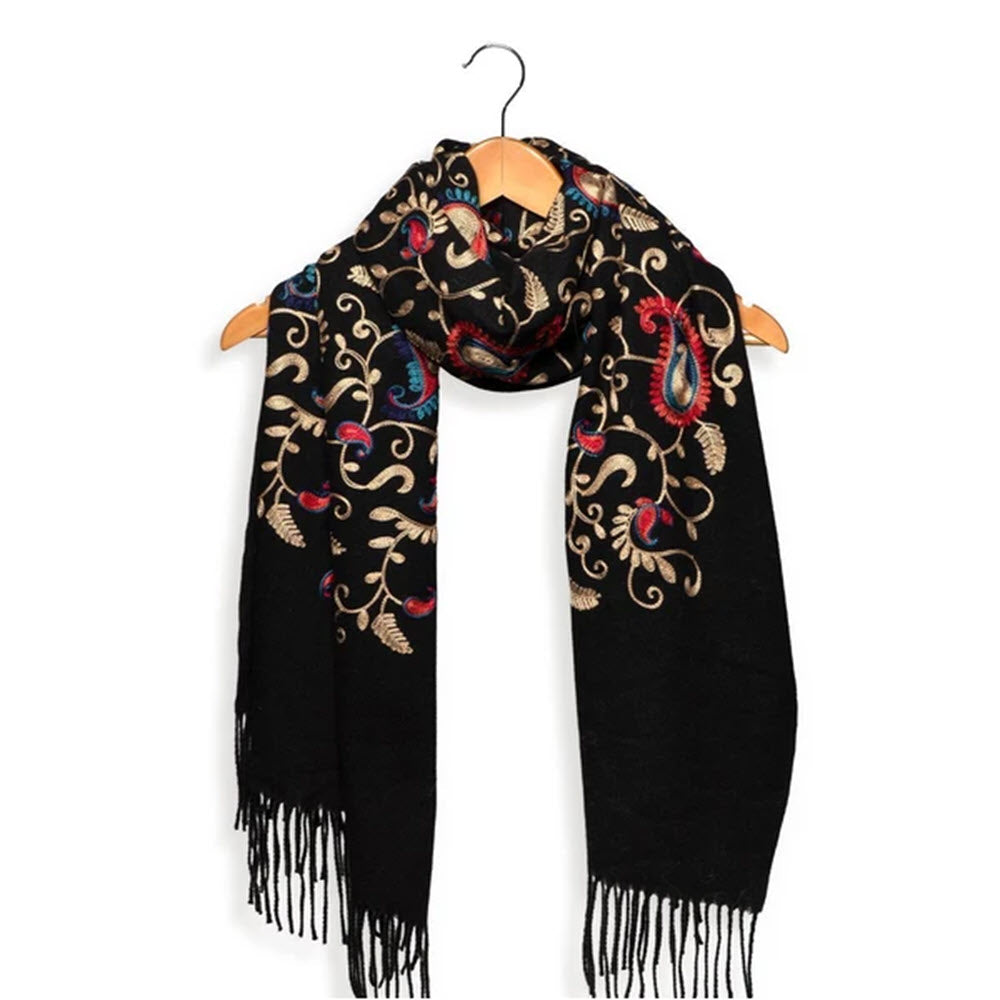 JOY SUSAN BLACK EMBROIDERED PAISLEY FRINGE SCARF