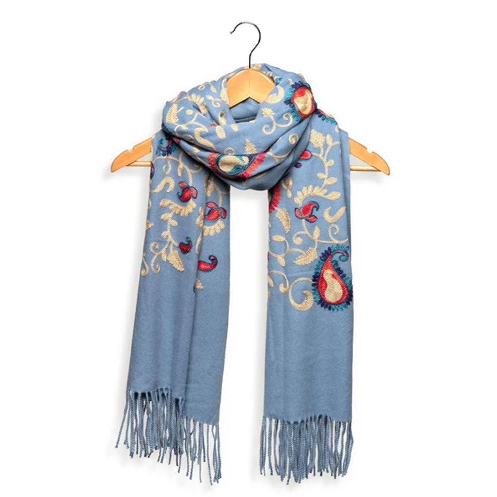JOY SUSAN DENIM EMBROIDERED PAISLEY FRINGE SCARF