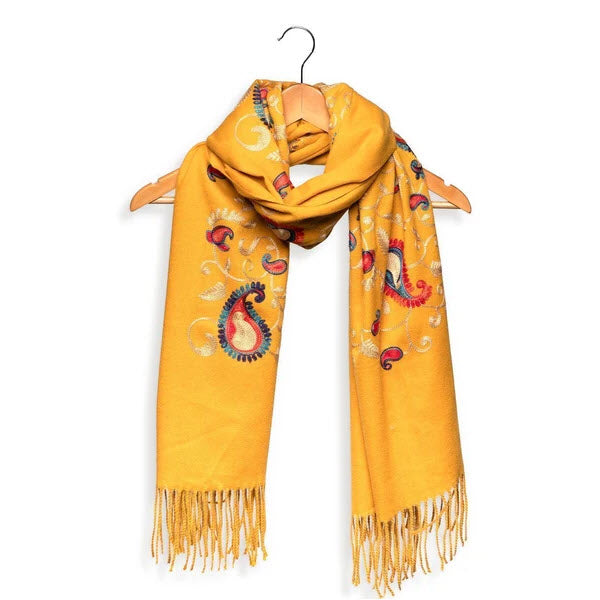 JOY SUSAN MUSTARD EMBROIDERED PAISLEY FRINGE SCARF