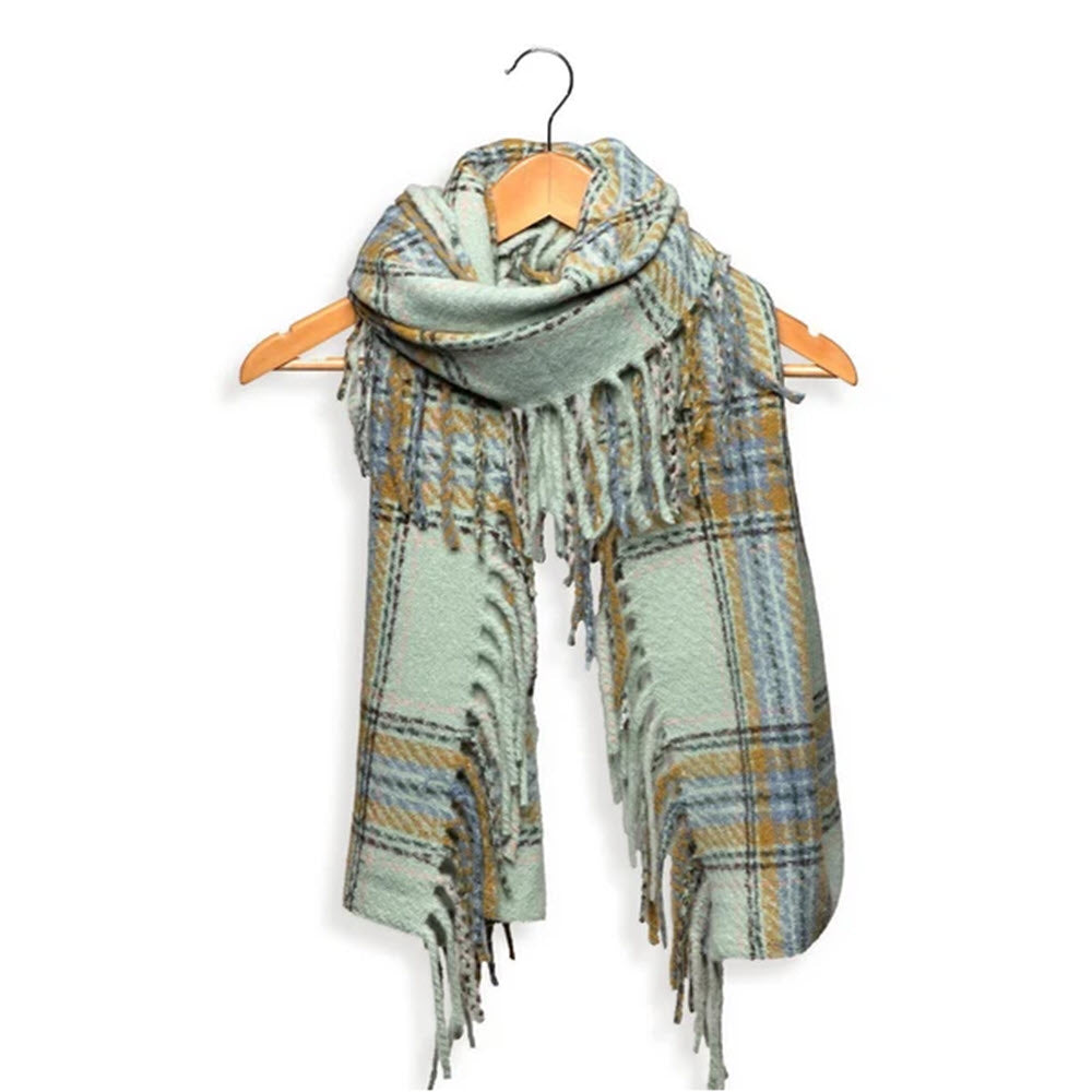 JOY SUSAN TEA GREEN PLAID LONG SIDE FRINGE SCARF