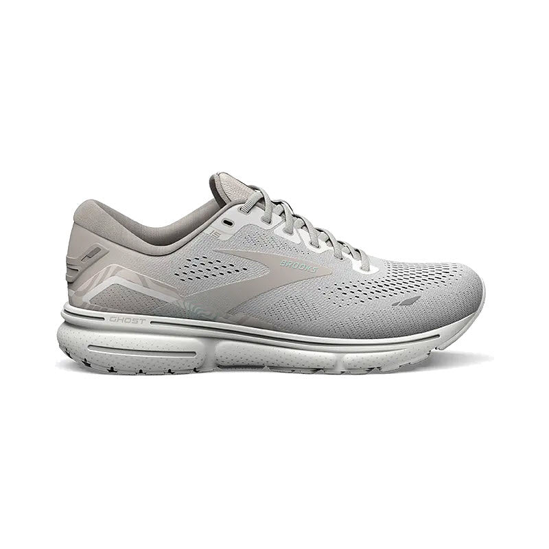 Light gray Brooks Ghost 15 OYSTER/ALLOY/WHITE running shoe with mesh upper and soft cushioning, shown in profile view on a white background.