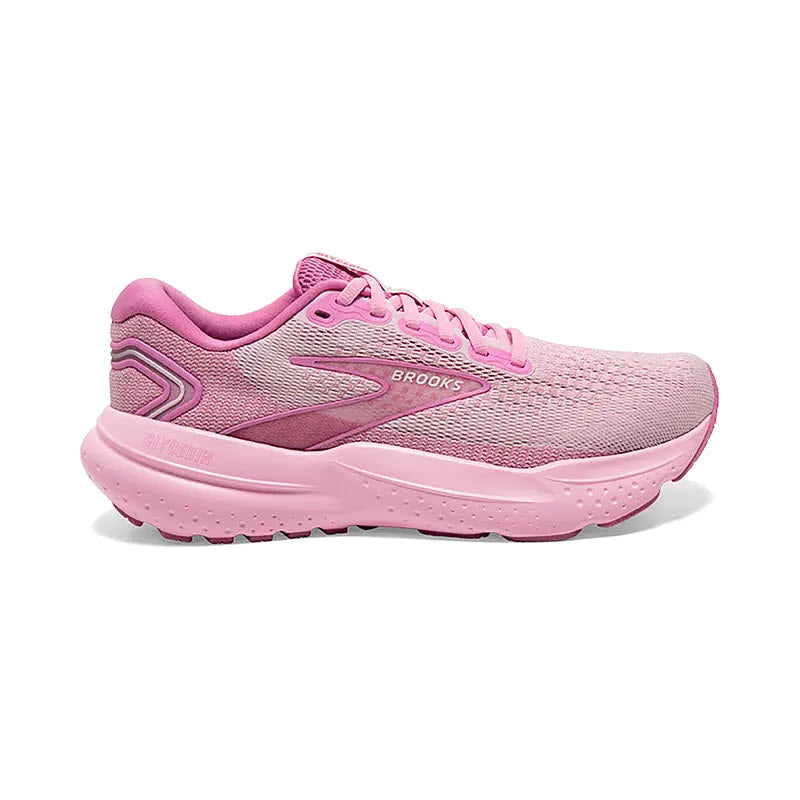 A single pink Brooks Glycerin 21 women&#39;s running shoe displayed against a white background, featuring a mesh upper and DNA LOFT v3 cushioning.
