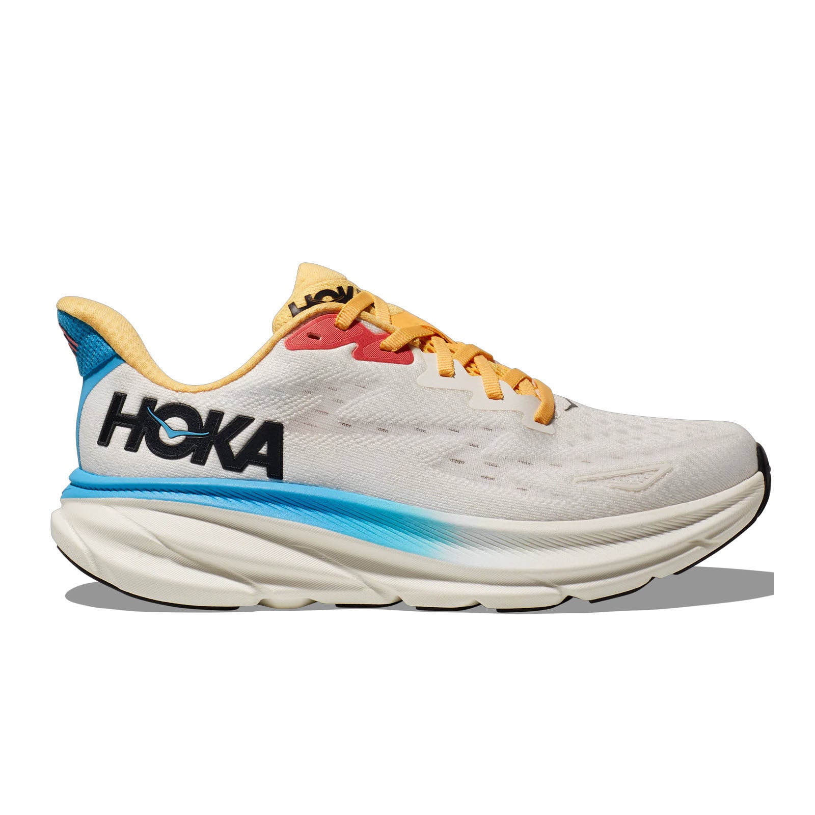 Side view of a Hoka CLIFTON 9 BLANC DE BLANC/SWIM DAY running shoe featuring a white and blue color scheme with bold text on the heel and multicolored laces, designed with a breathable engineered mesh.