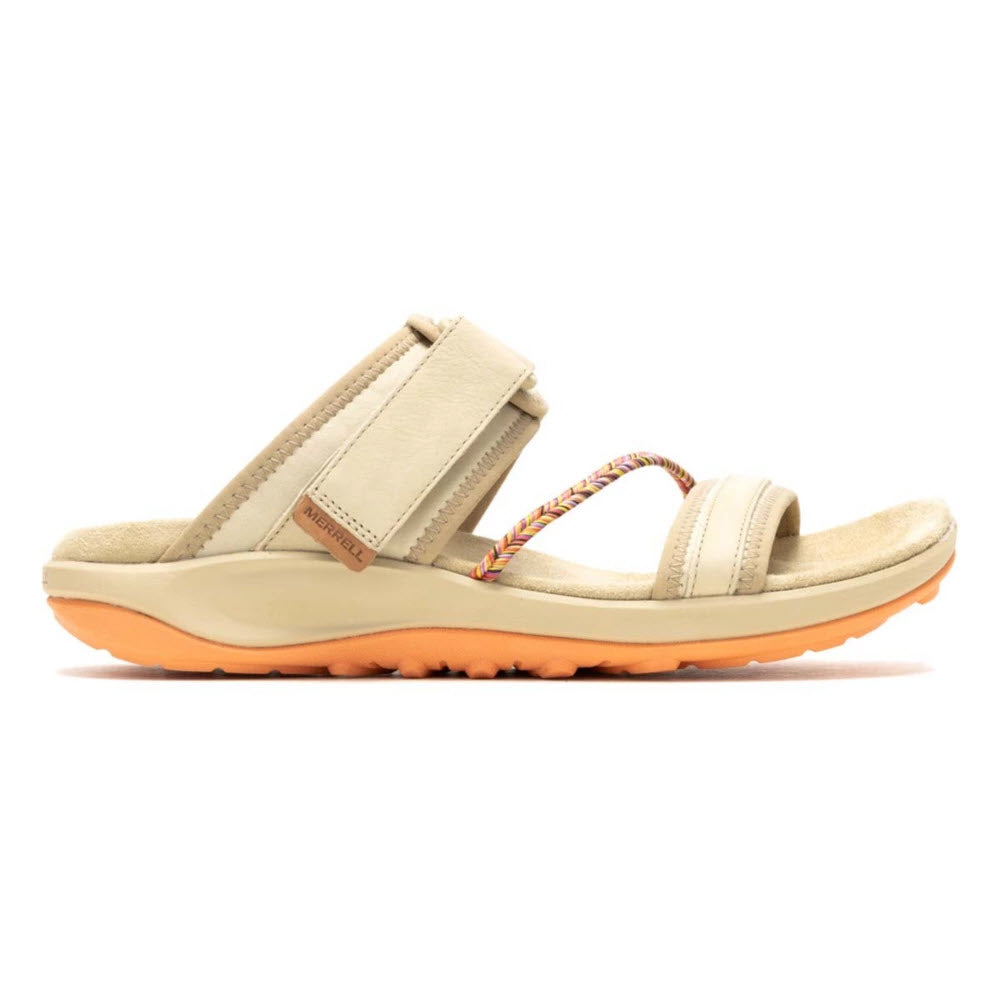 A single beige Merrell Terran 4 Slide Incense sandal with adjustable straps and a colorful braided detail, displayed against a white background.