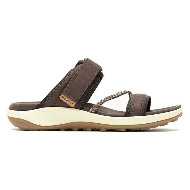 A side view of a Merrell Terran 4 Slide Bracken sandal with adjustable straps and a cream sole on a white background.