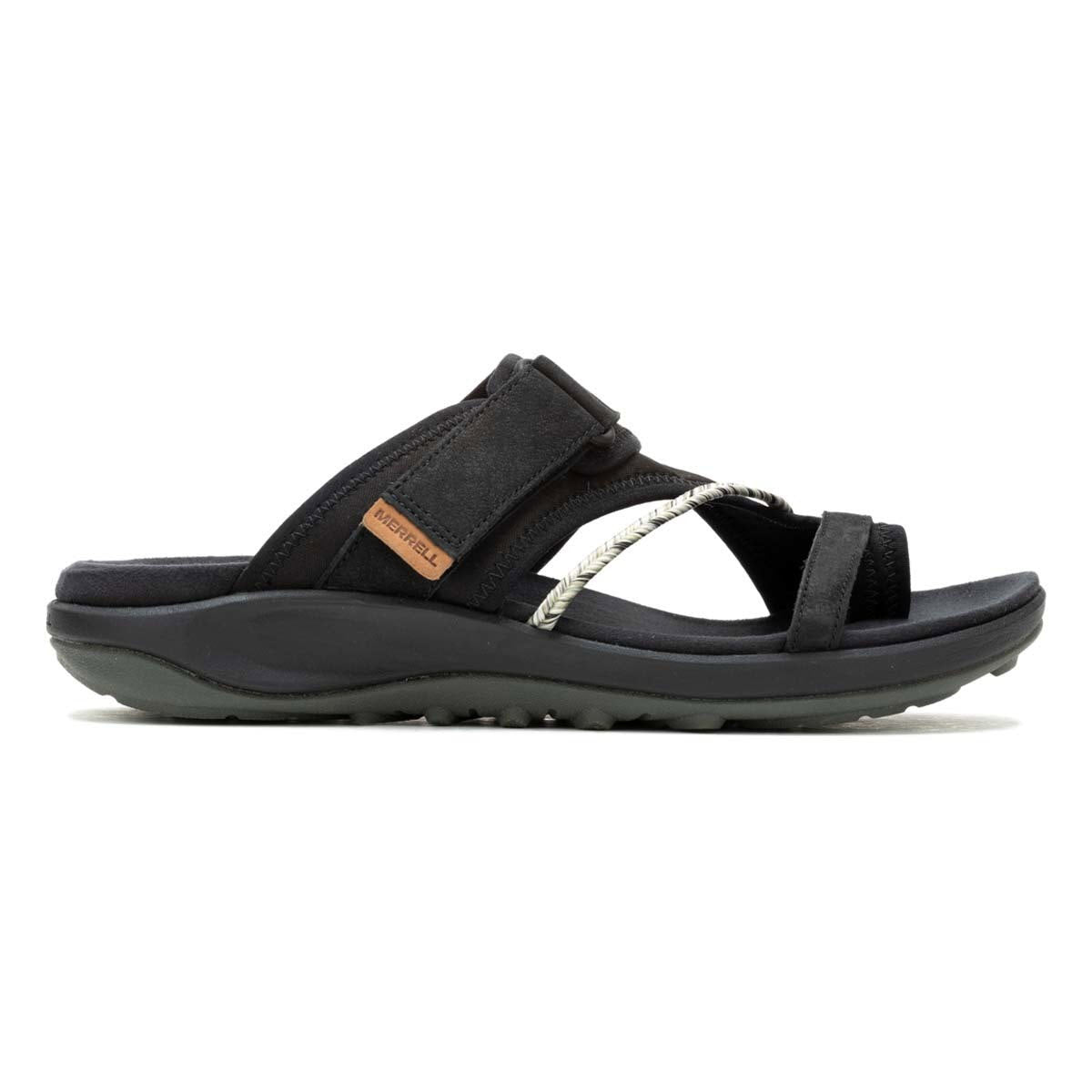 A single black Merrell Terran 4 post sports sandal with adjustable straps and a rugged sole, displayed against a white background.
