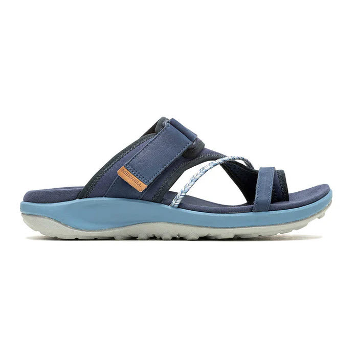 A single navy blue and light blue Merrell Terran 4 Post Sea sport sandal with adjustable straps over the arch and a loop around the big toe, isolated on a white background.