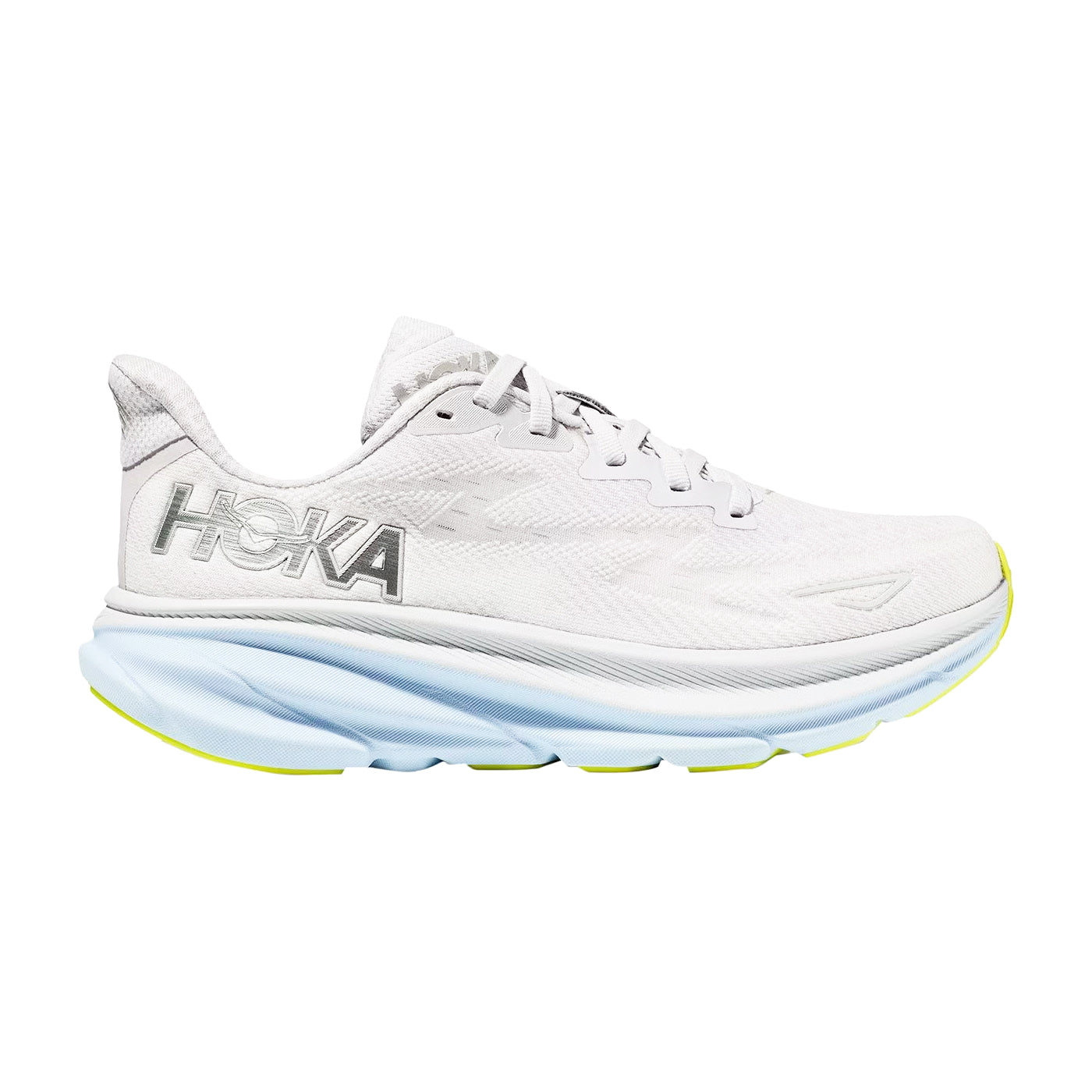 White Hoka Clifton 9 Nimbus/Ice running shoe with a thick, cushioned sole and the Hoka logo prominently displayed on the side.