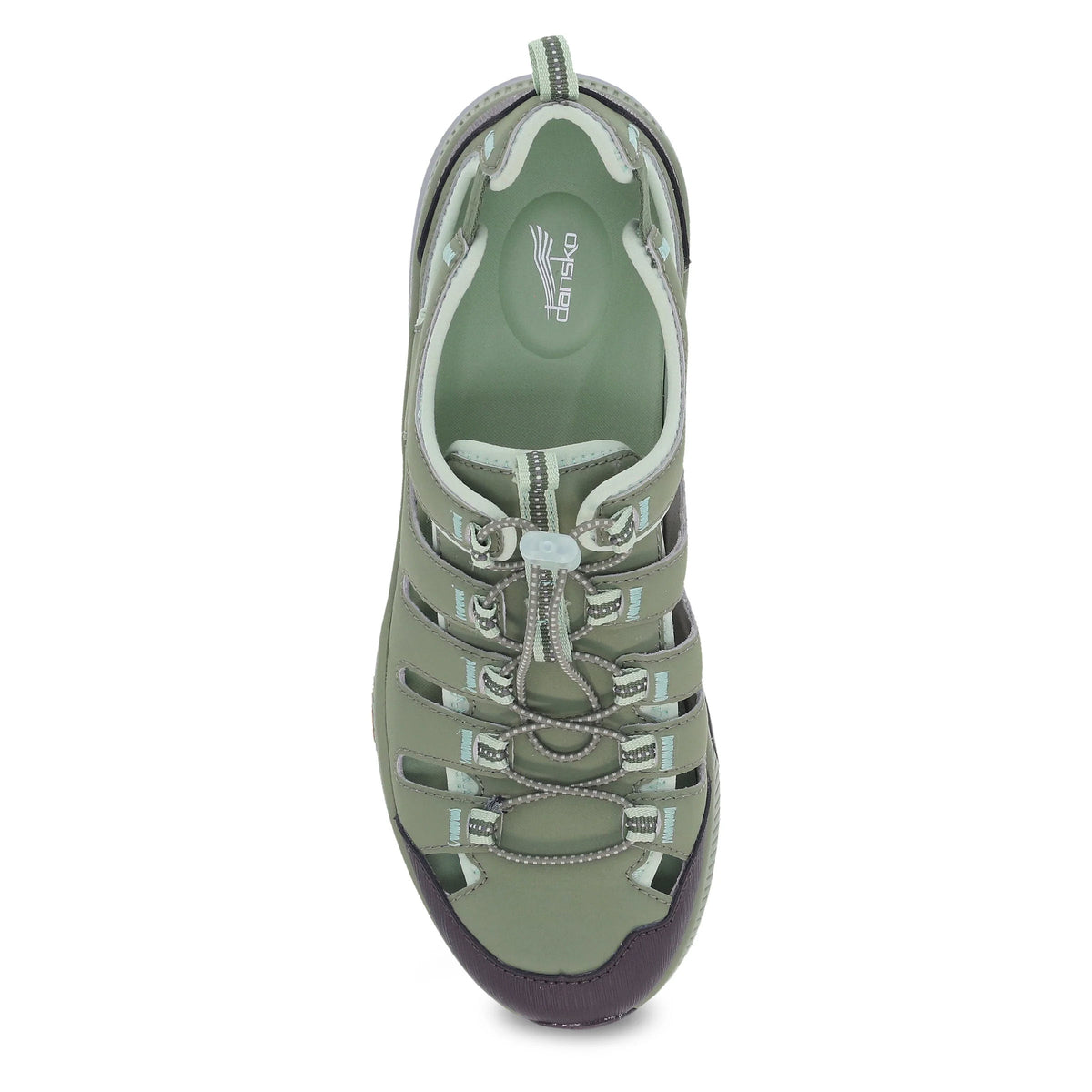 Top view of a single green Dansko Mia Sage sandal with multiple straps and a closed toe, featuring a Vibram ECOSTEP EVO rubber outsole, isolated on a white background.
