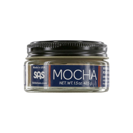A jar of SAS SHOE POLISH CREAM MOCHA with a net weight of 1.5 oz (42.5 g), made in the USA by SAS.