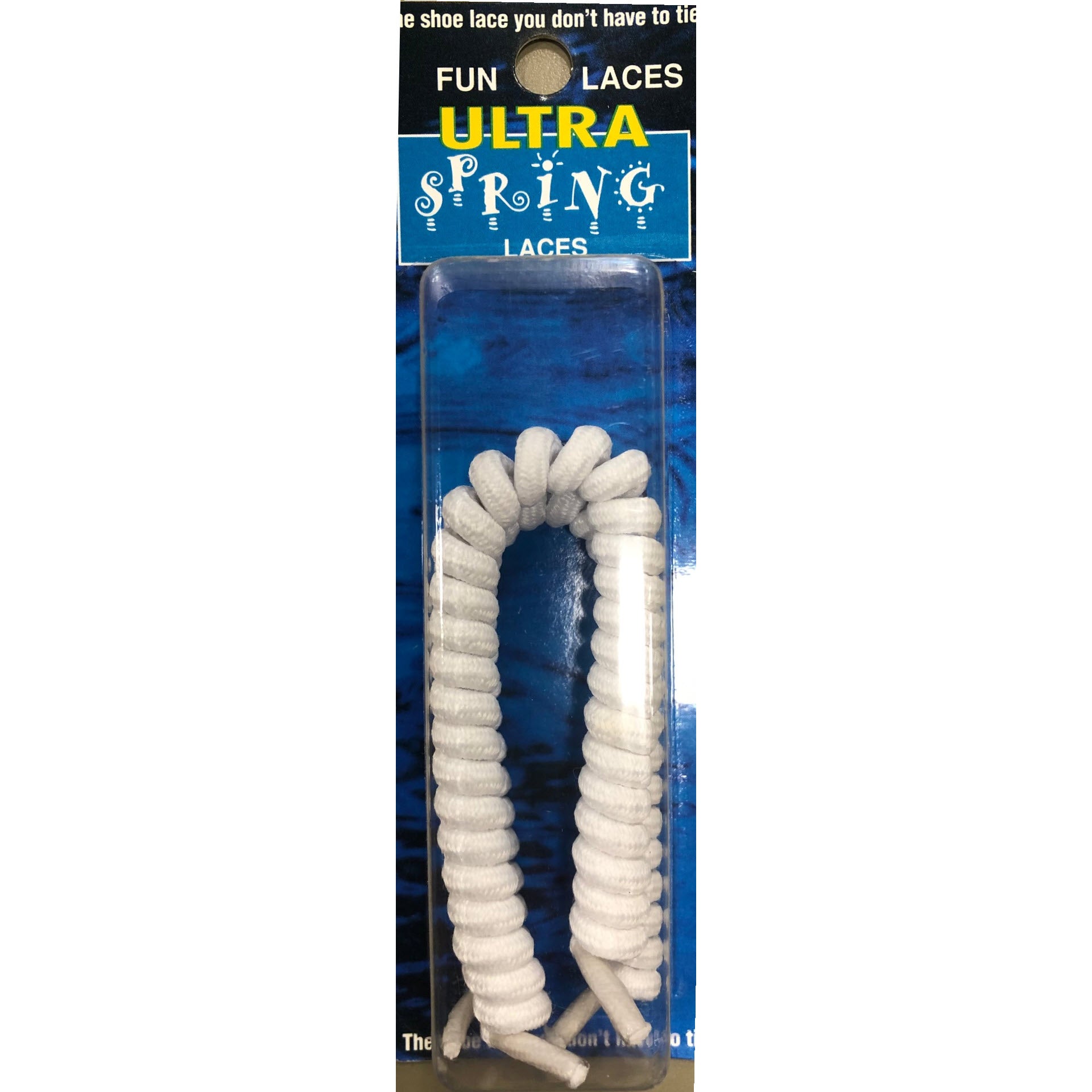 Packaging of a pair of white FRANKFORD LEATHER PACKAGED SPRINGS LACES advertised as "fun laces" that do not require tying.