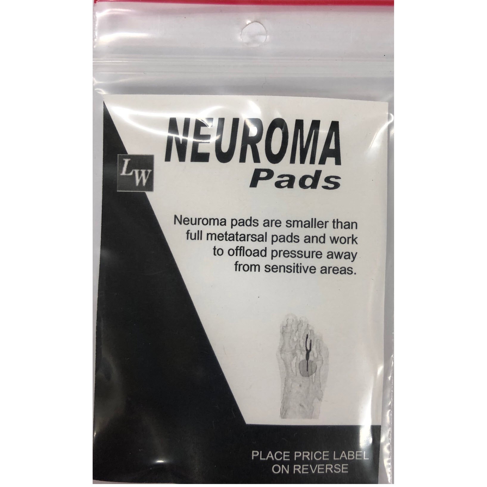 Packaging of Dr. Jill's LW FOOT CARE ADHESIVE NEUROMA PAD designed to alleviate pressure from sensitive areas of the foot, fabricated with latex-free materials.