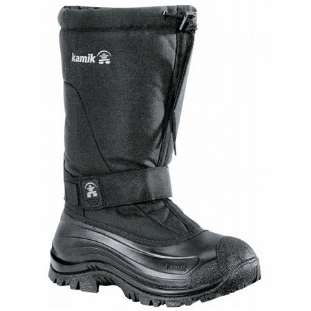 Black insulated Kamik KAMIK GREENBAY 4 BLACK - MENS winter boot with adjustable straps and a drawstring top, featuring a Duration 600 Nylon Upper.