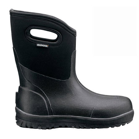 Black waterproof Bogs Ultra Mid boot with handle opening on the upper part and a durable rubber outsole.