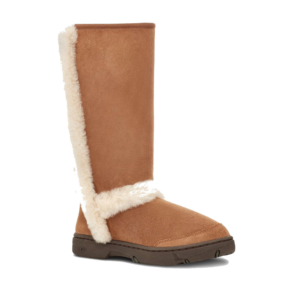 A single brown UGG Sunburst Tall Chestnut boot with sheepskin lining against a white background.