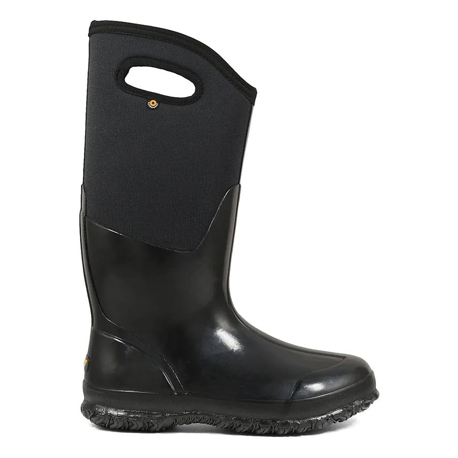 A black Bogs Classic High Shiny Black rubber boot with a neoprene shaft and a ridged sole.