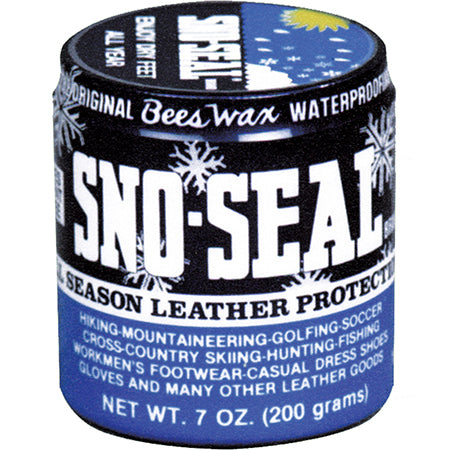 A container of Snow Seal beeswax waterproofing wax for water-resistant leather protection.