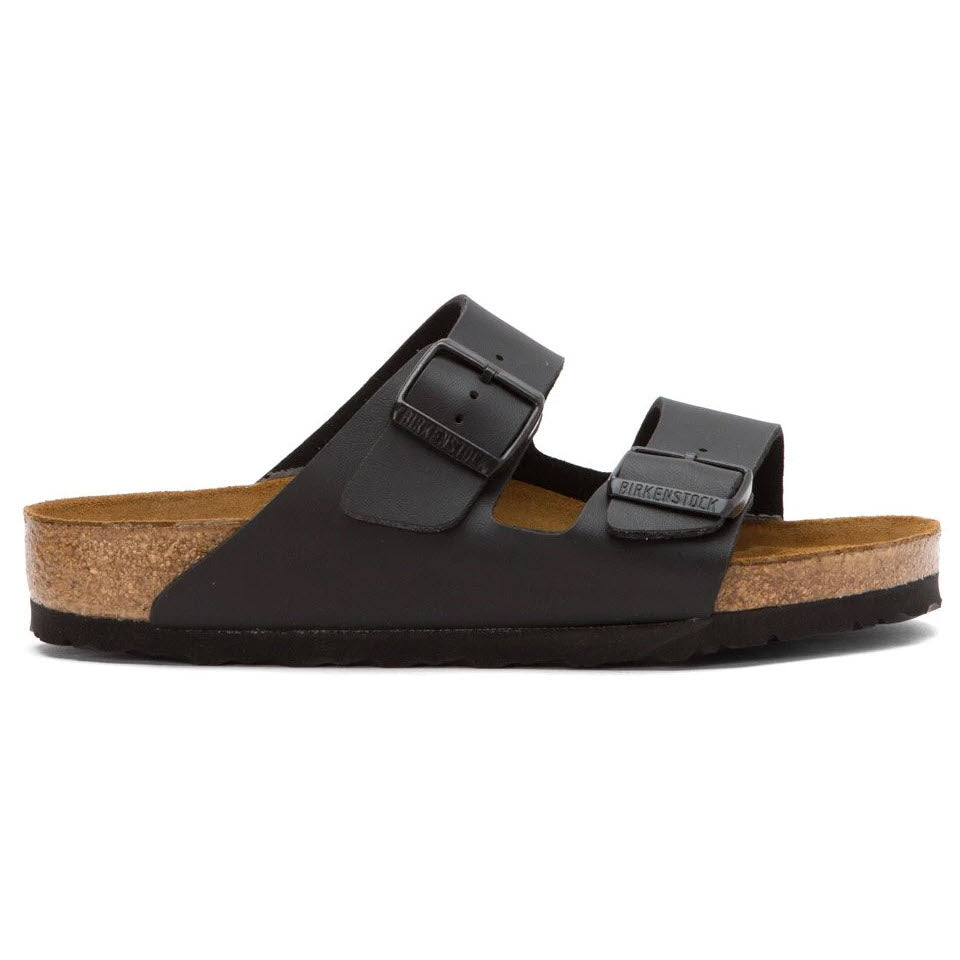 BIRKENSTOCK ARIZONA SF BIRKOFLOR BLACK - WOMENS two-strap sandal with soft footbed on a white background.