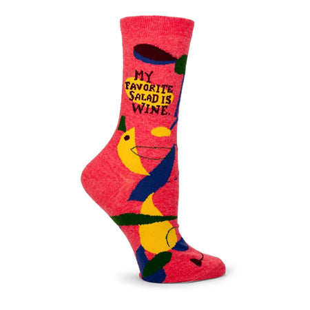 A BLUE Q women's crew sock with the phrase "my favorite salad is wine" along with images of wine glasses and bananas.