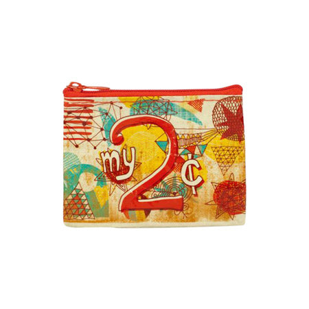 A colorful Blue Q CHANGE PURSE with an eclectic design featuring the phrase "my 2c," made from recycled material.