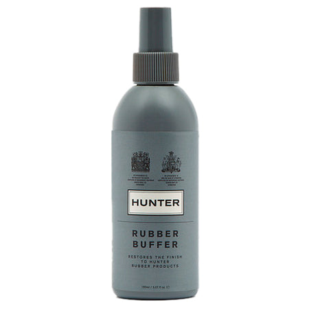 A bottle of Hunter Rubber Buffer spray for boot care to remove white marks.