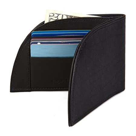 Rogue front pocket wallet crafted from genuine top-grain leather, containing multiple credit cards and a banknote.