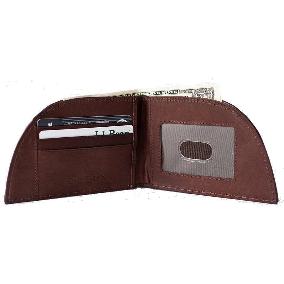 An open brown genuine top-grain leather Rogue Front Pocket Wallet with cards and cash visible in the slots.