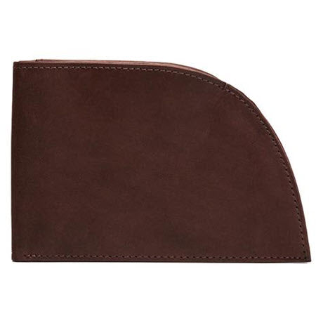 Rogue brown genuine top-grain leather half-moon shaped wallet with visible stitching on a white background.