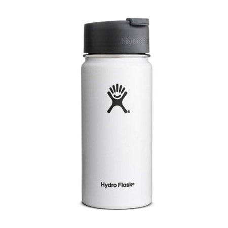 Hydro Flask 16 oz wide mouth white water bottle with TempShield insulation and logo.