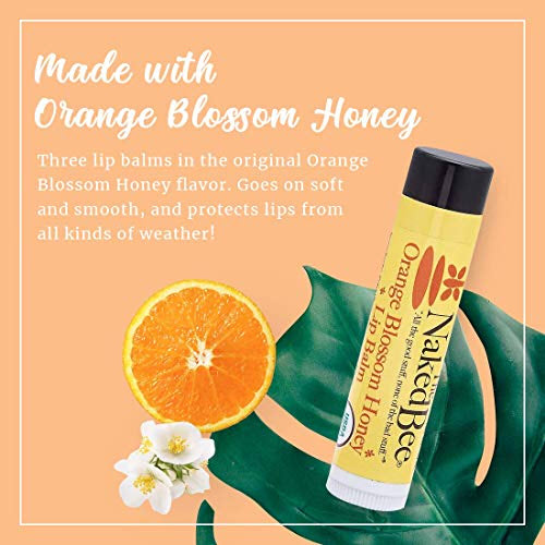 Product advertisement for the Naked Bee Lip Balm Orange Blossom Honey, highlighting its soft and smooth application and protective qualities for the lips, accompanied by an image of the lip balm.