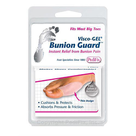 Packaging of Pedifix Inc&#39;s PEDIFIX BUNION GUARD for relieving big toe pain.