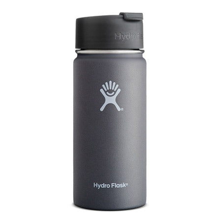 A gray Hydro Flask 16 oz wide mouth graphite water bottle, TempShield protected for sweat-free insulation, against a white background.