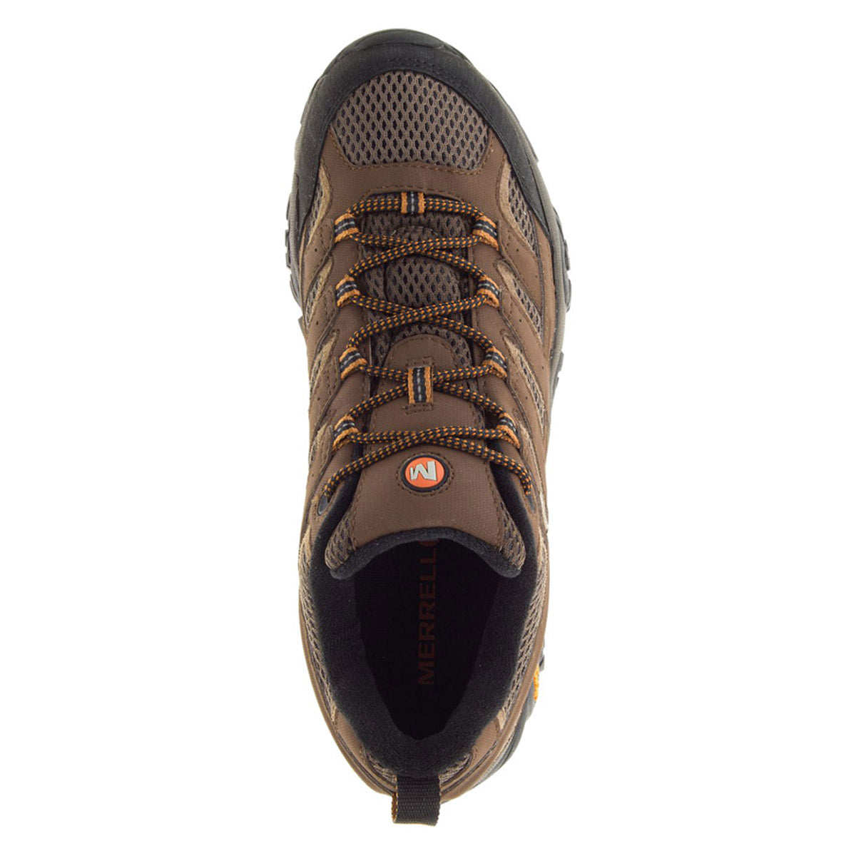 Top view of a brown Merrell Moab 2 Low GTX Earth hiking shoe with laces.
