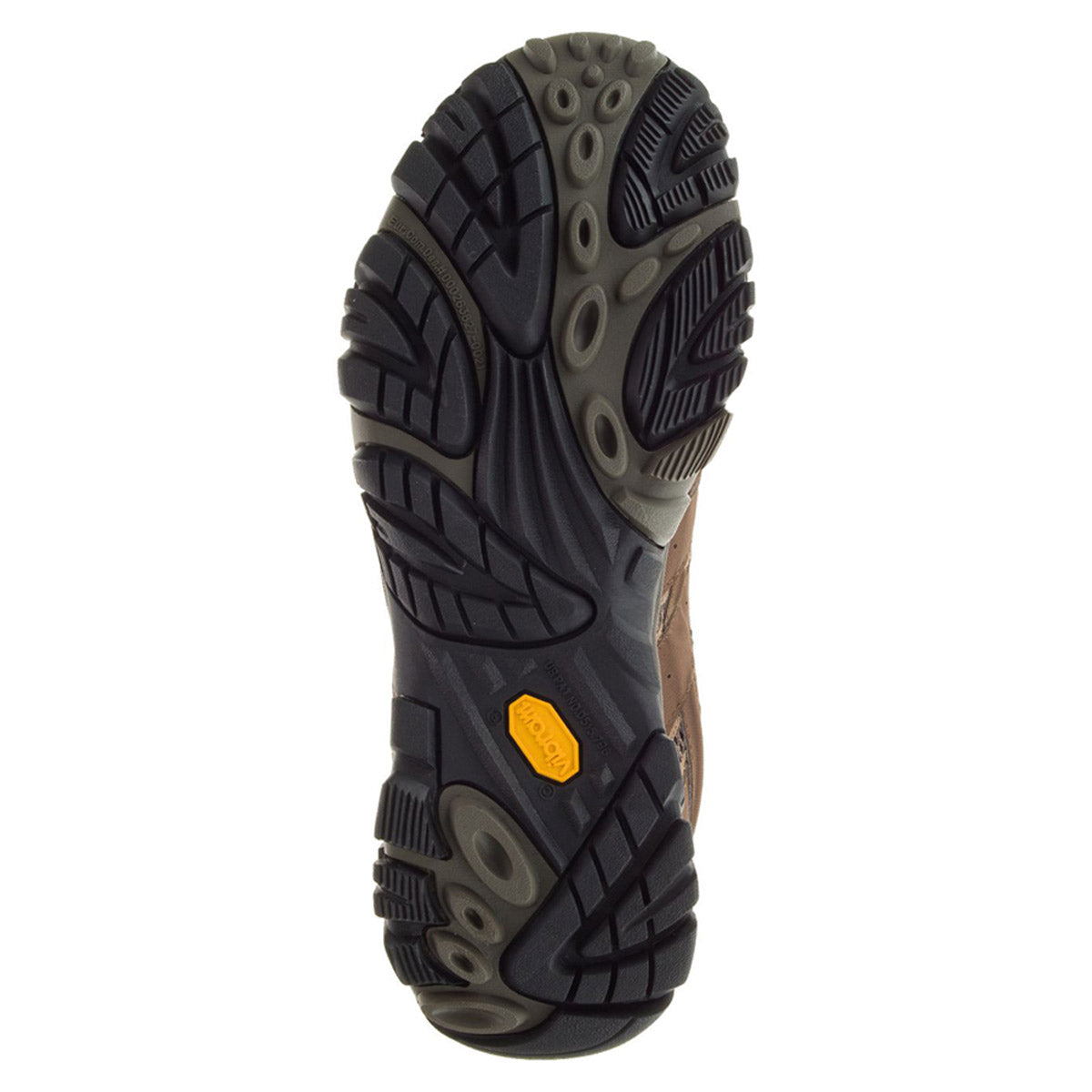 A close-up view of the tread pattern on the sole of a hiking boot, featuring Merrell Vibram traction.