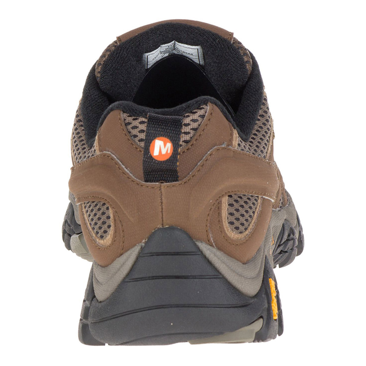Rear view of a brown and black Merrell Moab 2 Waterproof hiking shoe with a mesh design and a visible logo on the pull tab.