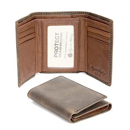Open brown genuine cowhide leather wallet with multiple card slots and a protective Osgoode Marley RFID TRIFOLD 1304 displayed.